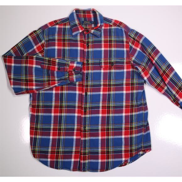 Polo Ralph Lauren Blue Red Check Heavy Work Flannel Button-Up Shirt L - Picture 2 of 7